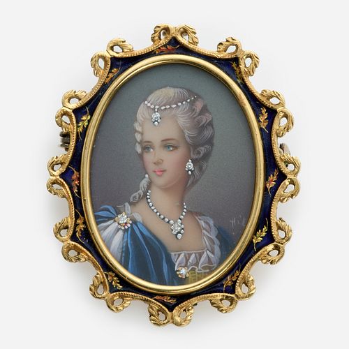  18k Painted Portrait Brooch Pendant  w/ Diamonds Signed ‘HIL’, Italy