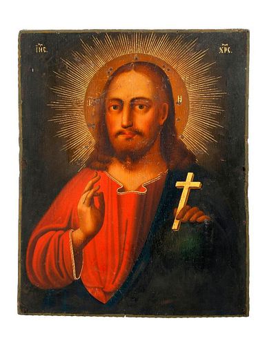 A Gilt-Painted Icon Panel of Christ.
