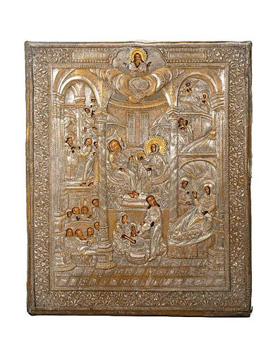 Large Ornate Gilt Metal Icon, Scene with Theotokos.