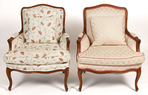 PAIR OF FRENCH LOUIS XV-STYLE UPHOLSTERED BERGERE ARMCHAIRS