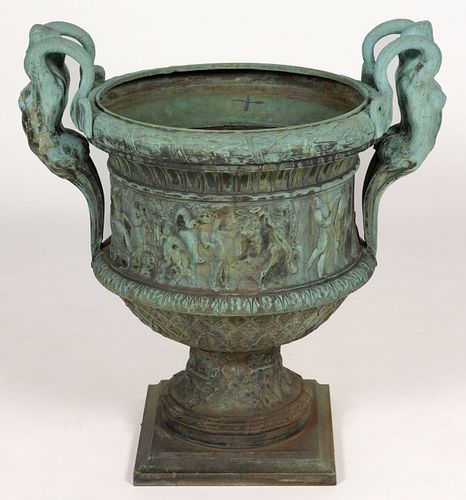 FRENCH VAL D'OSNE FOUNDRY CAST-BRONZE MONUMENTAL NEOCLASSICAL GARDEN URN WITH FIGURAL HANDLES