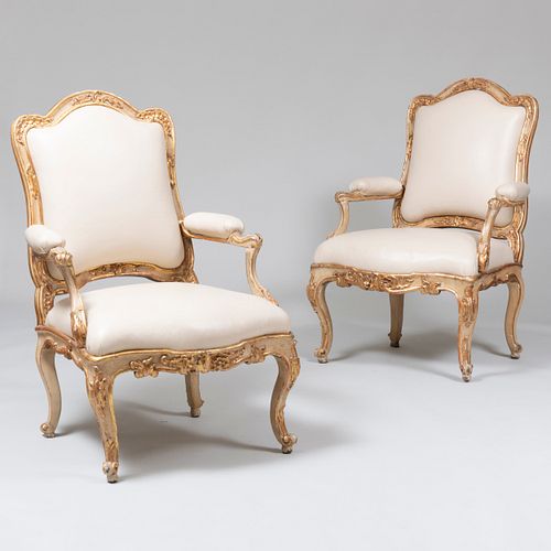 Pair of Italian Rococo Style Painted and Parcel-Gilt Armchairs, probably Venetian