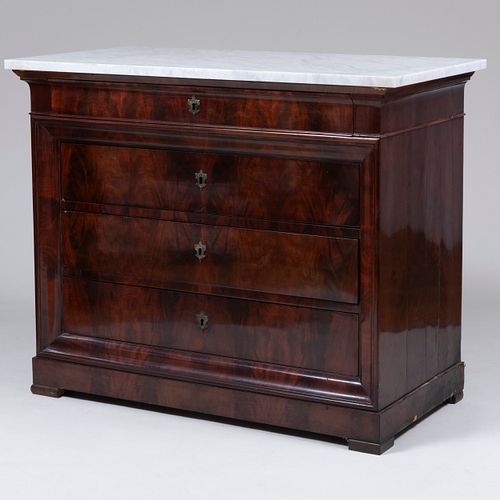 Pair of Large Charles X Style Flame Mahogany Commodes with Marble Tops