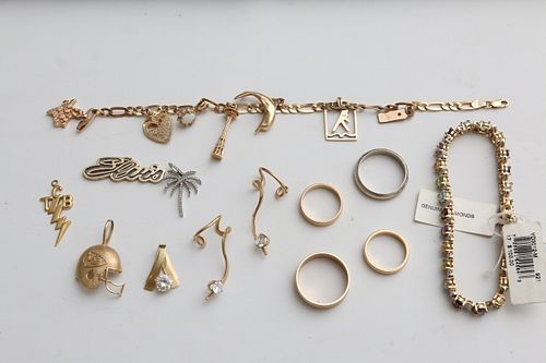  Gold Jewelry Lot + Diamonds: 14k Charm bracelet, Gemstones, Rings etc.