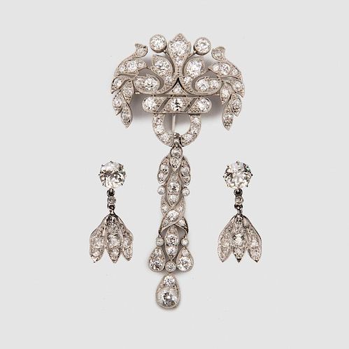 Platinum and Diamond Brooch and Earrings