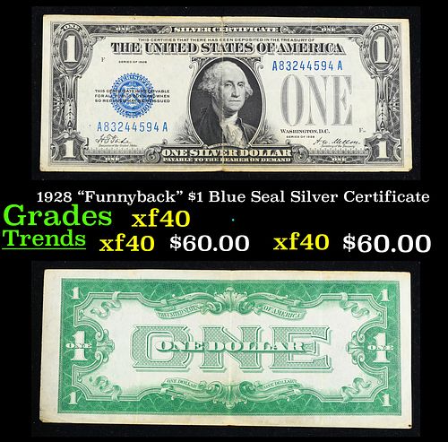 1928 "Funnyback" $1 Blue Seal Silver Certificate Grades xf