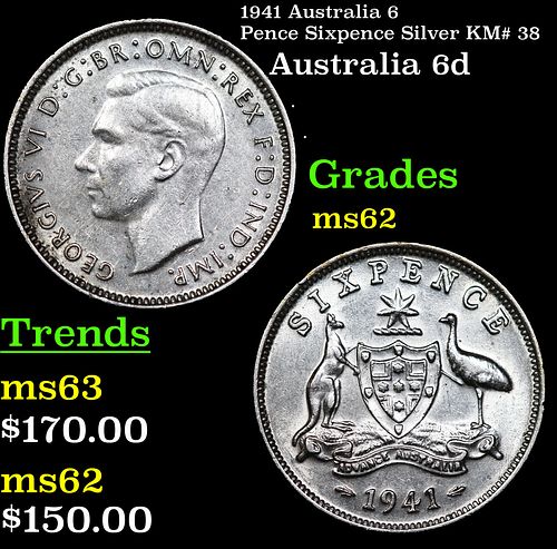 1941 Australia 6 Pence Sixpence Silver KM# 38 Grades Select Unc
