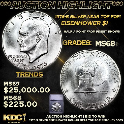***Auction Highlight*** 1976-s Silver Eisenhower Dollar Near TOP POP! 1 Graded ms68+ BY SEGS (fc)