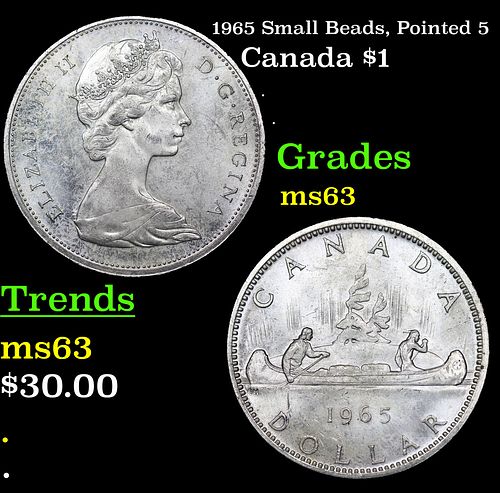 1965 Small Beads, Pointed 5 Canada Silver Dollar 1 Grades Select Unc