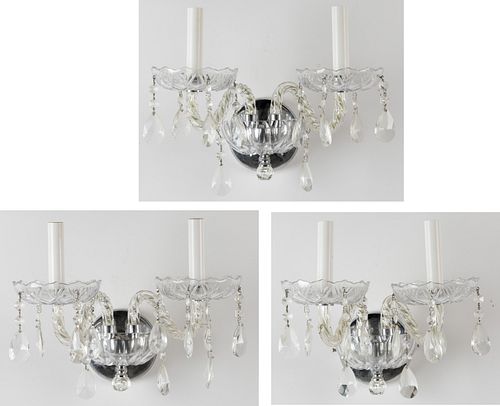 MODERN CUT CRYSTAL GLASS DOUBLE-ARM WALL SCONCES, LOT OF THREE