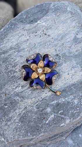 Vintage Enamel and Diamond Flower Brooch