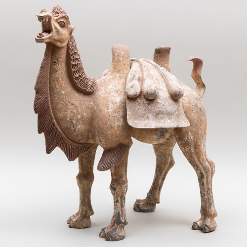 Large Painted Pottery Figure of a Bactrian Camel with Saddle