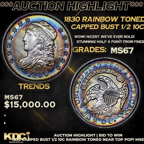 ***Auction Highlight*** 1830 Capped Bust Half Dime Rainbow Toned Near Top Pop! 1/2 10c Graded ms67 By SEGS (fc)