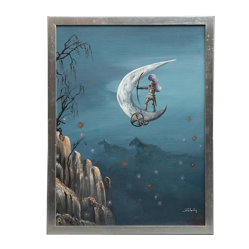 CARLOS PELESTOR (Ciudad de México, 1952 - ), Sin título (flechador de la luna), Firmado. Óleo sobre tela sobre cartón., 60.5 x 45.5 cm