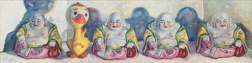 VICKI CHELF, FOUR BUDDHAS AND A DUCK, Print on canvas