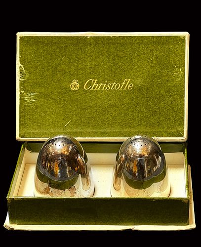 A Pair of French Christofle Silver Plated Bullet Design Salt & Pepper Shakers, Boxed