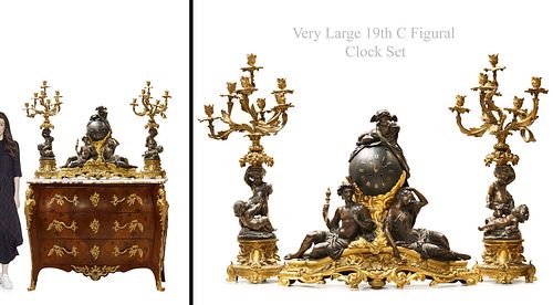 A Very Large 19th C. French Figural Patinated Bronze Clock set