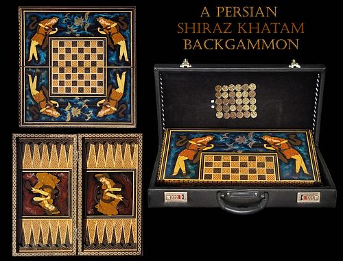 A Persian Shiraz Khatam Inlayed Hand Painted Backgammon Set In Case, Signed By Artist