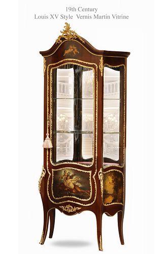 19th C. Louis XV Style Bronze Mounted Hand Painted Vernis Martin Vitrine Cabinet