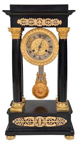 French Ebony Marble and Gilt Bronze Portico Clock