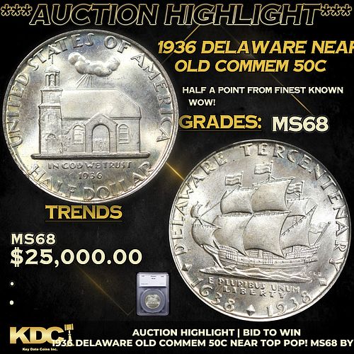 ***Auction Highlight*** 1936 Delaware Old Commem Half Dollar Near Top Pop! 50c Graded ms68 By SEGS (fc)