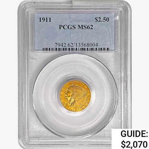 1911 $2.50 Gold Quarter Eagle PCGS MS62 
