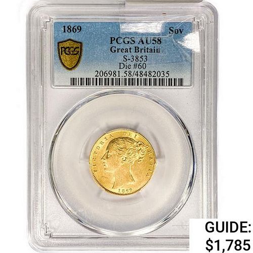 1869 .24oz. Gold G.Britain Sovereign PCGS AU58 S-3