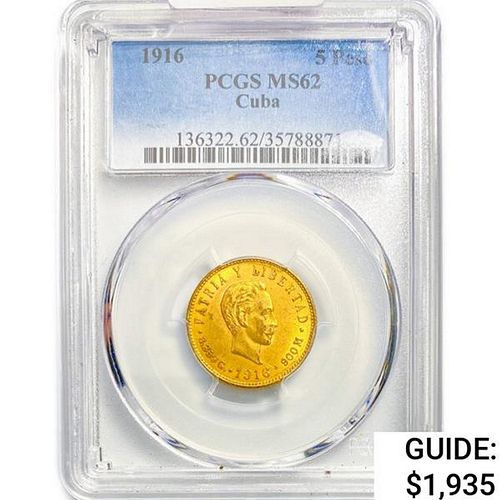 1916 5 Pesos .24oz Cuba Gold PCGS MS62 