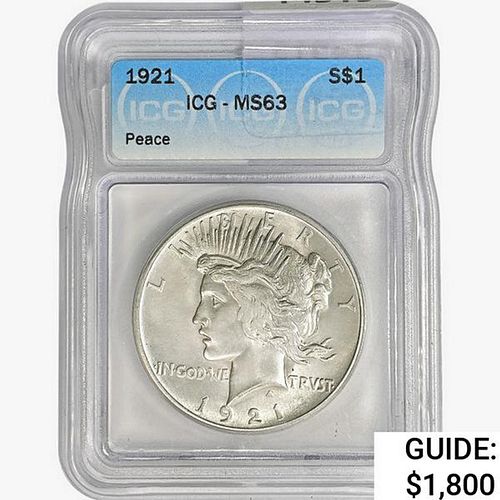 1921 Silver Peace Dollar ICG MS63 