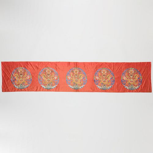 Chinese Red Silk Embroidered Panel with Dragon Rondels