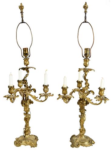 Pair of Louis XV Style Gilt Bronze Three Light Candelabra Mounted as Lamps, Henri Vian