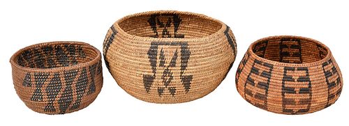 Three California Coiled Basket Bowls