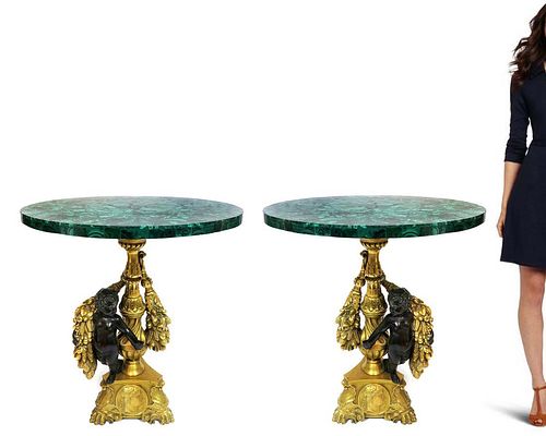 Pair of 19th C. Figural Bronze & Malachite Side Tables