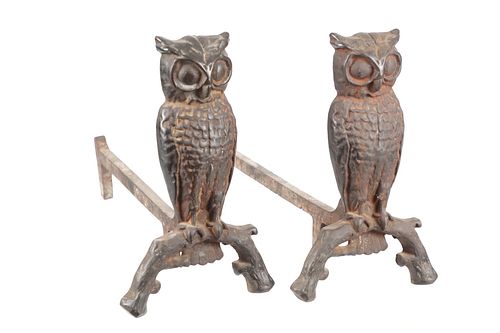 Folk Art Owl Cast Iron Rod Andirons c. 1950's