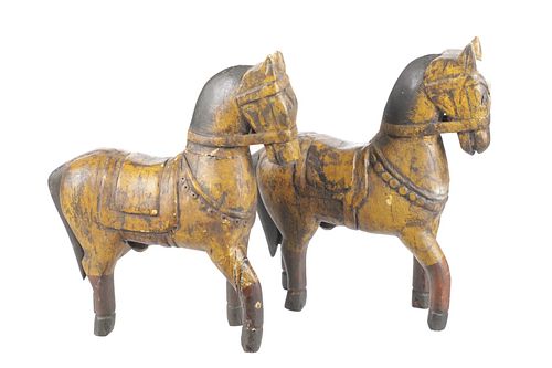 Two Hand Carved Wood Folk Art Horses (2)