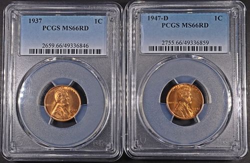 1937 & 1947-D LINCOLN CENTS PCGS MS66RD