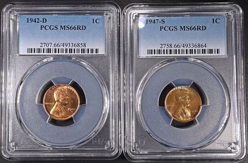 1942-D & 1947-S LINCOLN CENTS PCGS MS66RD