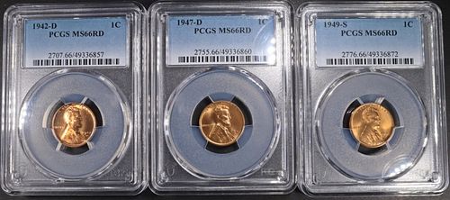 1942-D, 1947-D, & 1949-S LINCOLN CENTS PCGS MS66RD