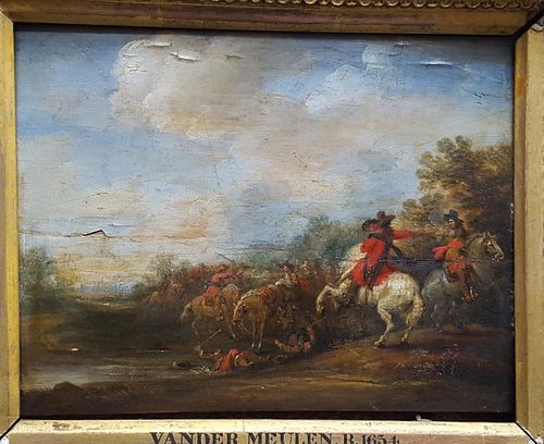 Flemish Old Master Landscape painting with Horses and Cavalry