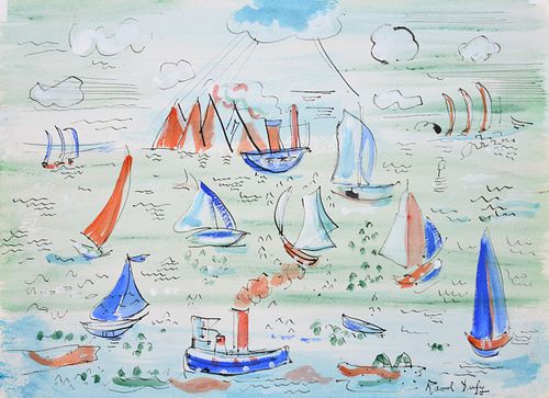 Raoul Dufy Watercolor Painting, Boats / Harbor Scene