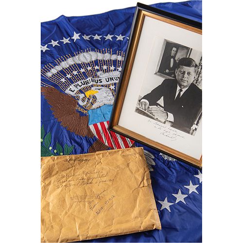 President John F. Kennedy Signed Photograph and Presidential Seal Flag Presented to the Commander of the Marine Corps Recruit Depot