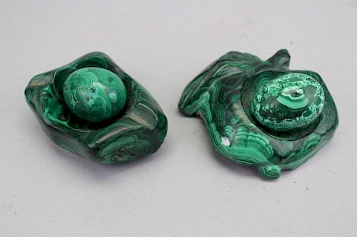 (2) Malachite Eggs w/ Carved Stands