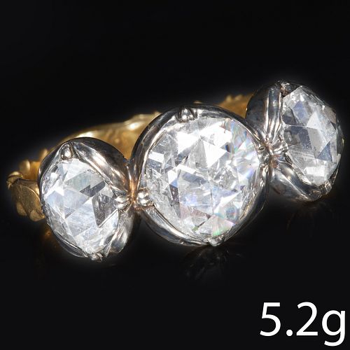 RARE AND LARGE ANTIQUE 3-STONE ROSE CUT DIAMOND RING