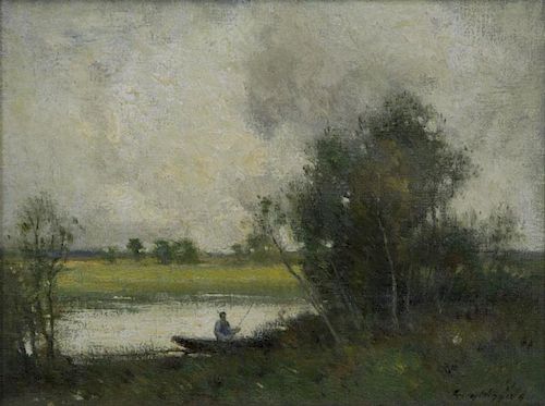 WIGGINS, Guy C. Oil on Canvas. Fisherman on a Lake
