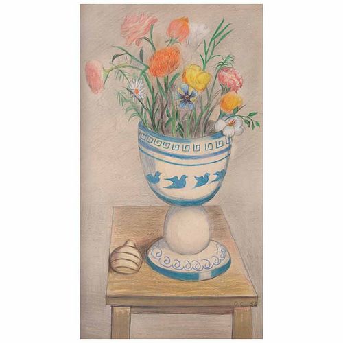 OLGA COSTA, Flores con caracol, Firmado y fechado 55, Lápices de color y lápiz de grafito sobre papel, 42 x 23 cm
