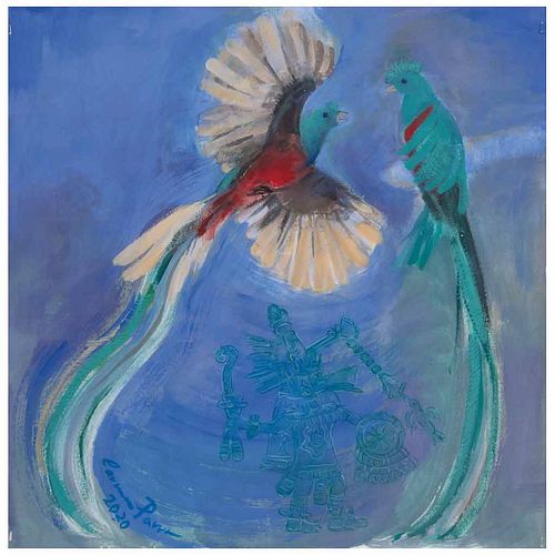 CARMEN PARRA, Quetzal de la serie Aves, Firmado y fechado 2020, Acrílico sobre papel, 61 x 61 cm, Con constancia