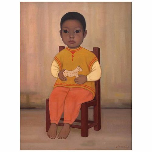 GUSTAVO MONTOYA, Niño con juguete, de la serie Niños Mexicanos, Firmado, Óleo sobre tela, 61 x 46 cm