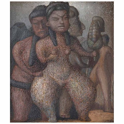 JORGE GONZÁLEZ CAMARENA, La muchacha de Tlatilco, Firmada al frente. Firmada y fechada 1947, Piroxilina sobre masonite, 68 x 58 cm