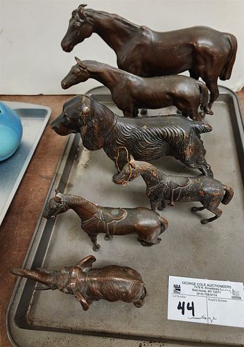 Vintage Tray 6 Patinated Figures Mkd JD- Horse 6 3/4", 5 1/2", 4 1/2" + 4", Dog 5" + Elephant 3"