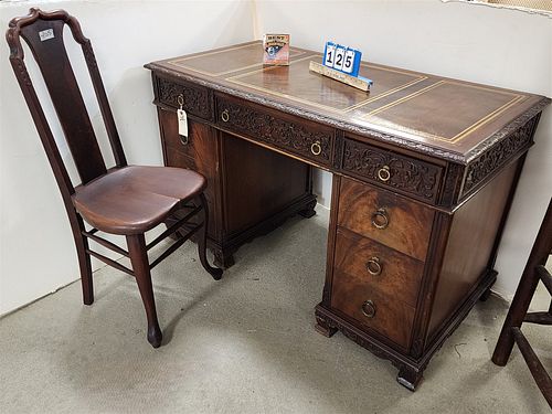 Carved Mahog Leather Top Desk 30 1/2"H X 4'W X 24"D + Chair